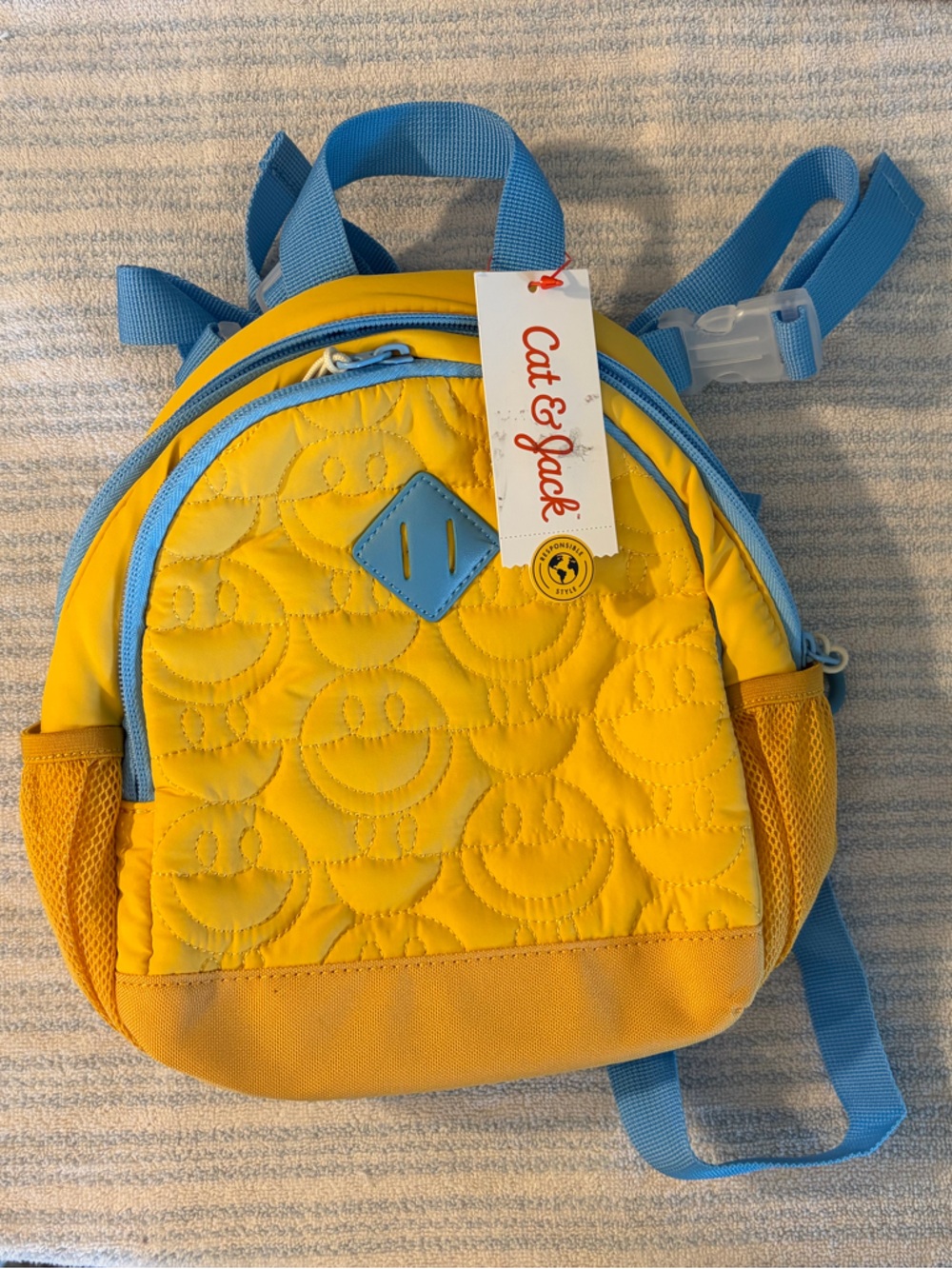 Cat & Jack Yellow and Blue Kids Mini Backpack Smiley Face BNWT